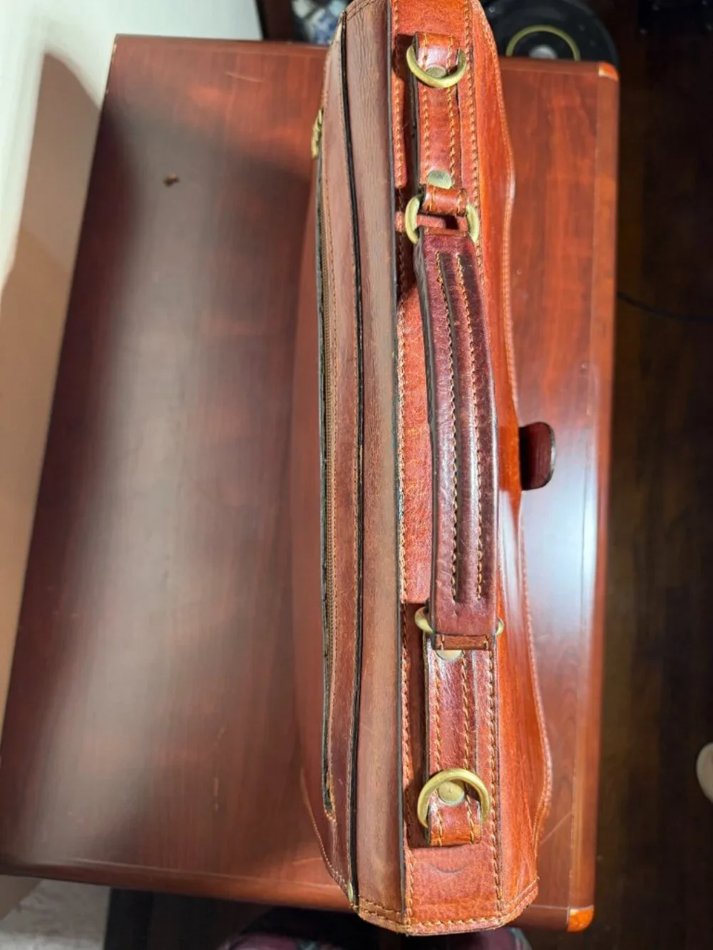 OLD ANGLER Cognac Italian Leather Brown Men's Flap Over Briefcase Made in Italy